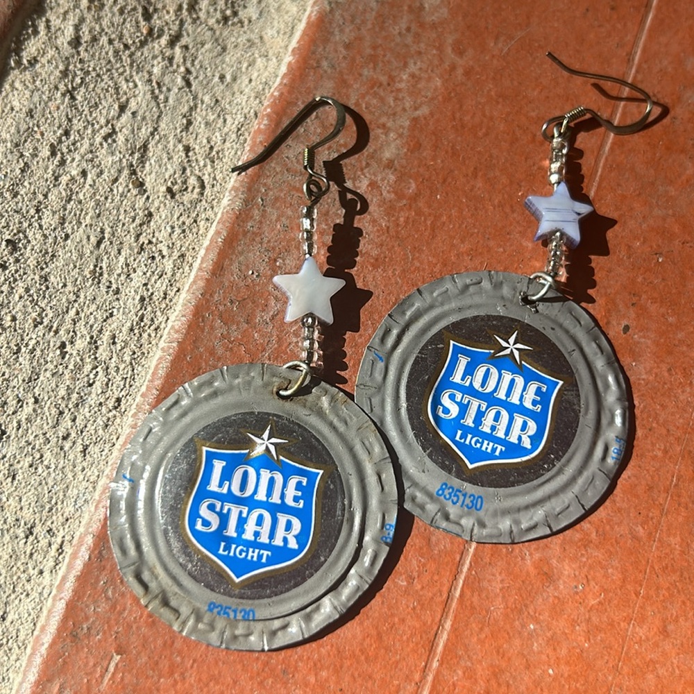 Handmade Lone Star Beer Bottle Cap Earrings Hammered Silver & Blue Lonestar Caps